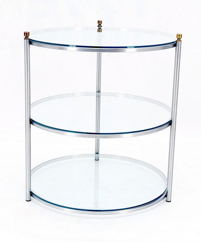 EstablishedLines Round 22' Diameter 3 Tier Glass Shelves Chrome Brass Finials Side End Table MINT