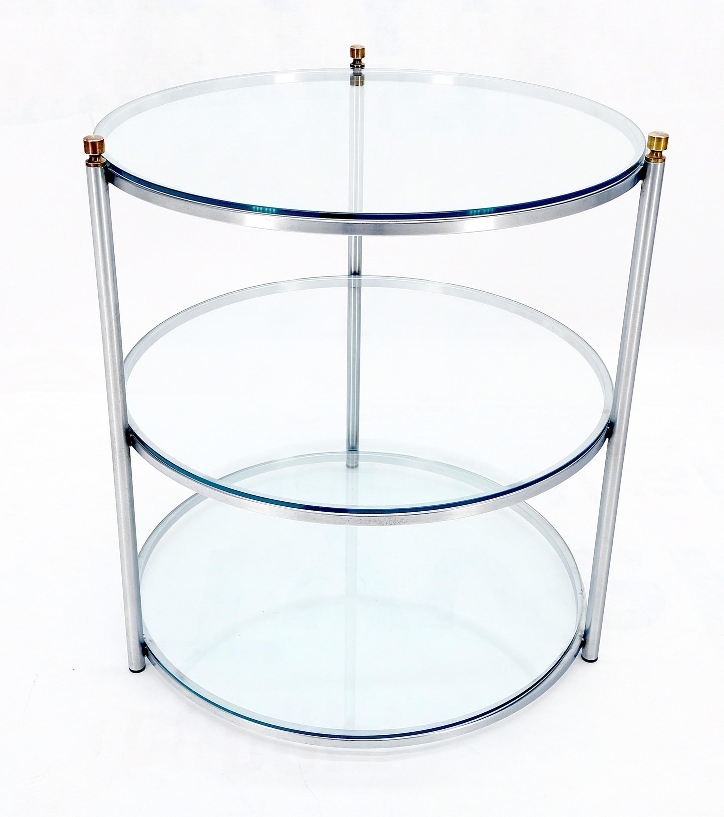 EstablishedLines Round 22' Diameter 3 Tier Glass Shelves Chrome Brass Finials Side End Table MINT