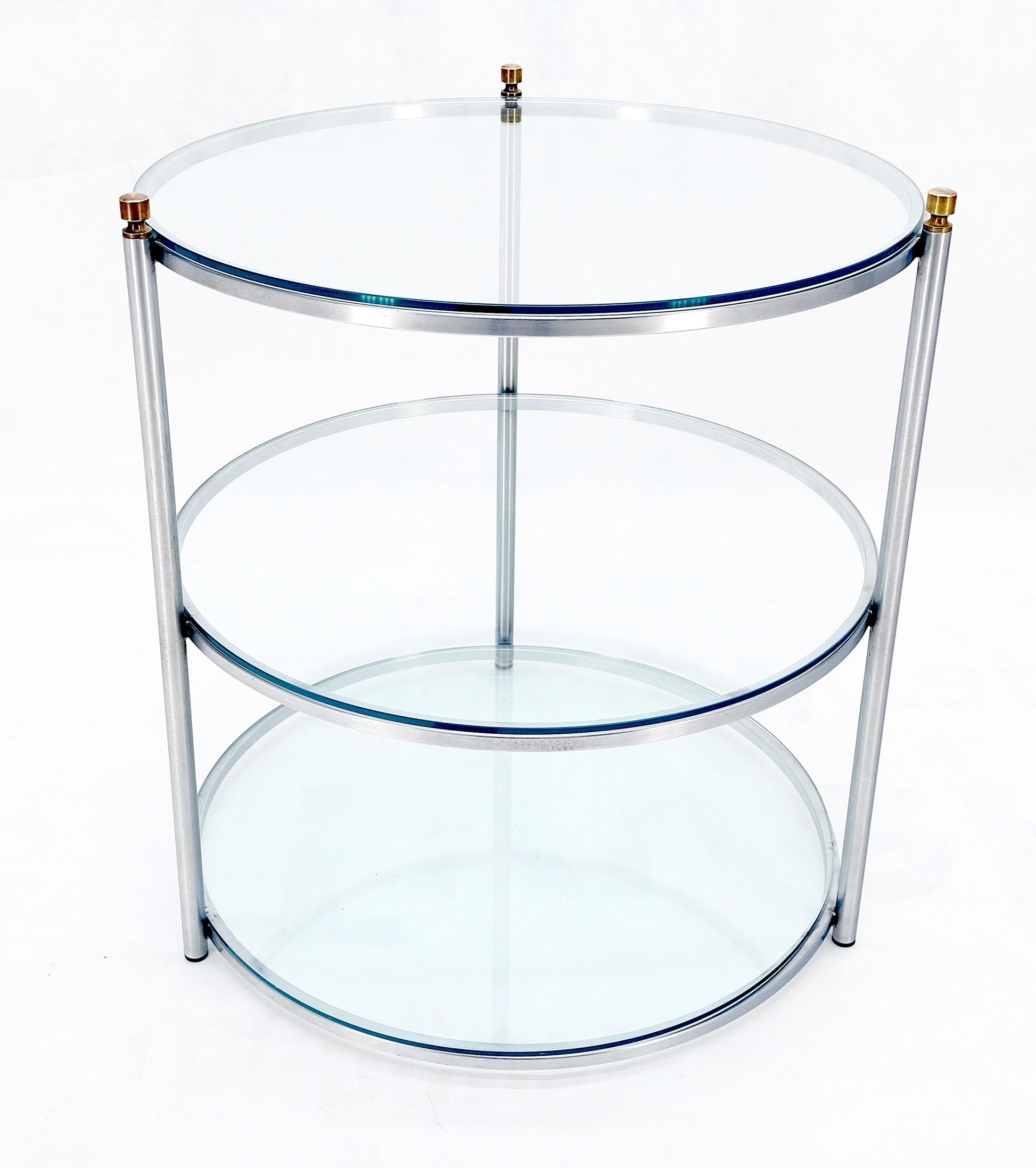 EstablishedLines Round 22' Diameter 3 Tier Glass Shelves Chrome Brass Finials Side End Table MINT