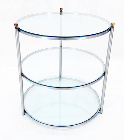 EstablishedLines Round 22' Diameter 3 Tier Glass Shelves Chrome Brass Finials Side End Table MINT