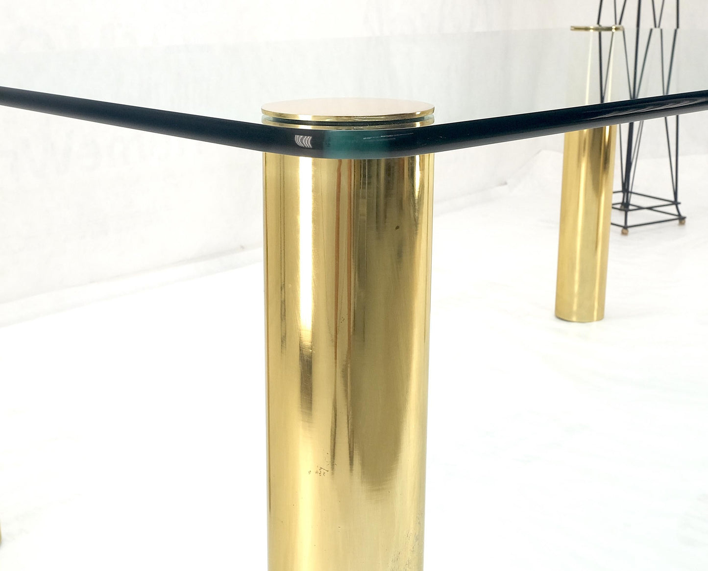 EstablishedLines 3/4" Thick Glass Top Rounded Corners Brass Cylinder Legs Mid Century Modern