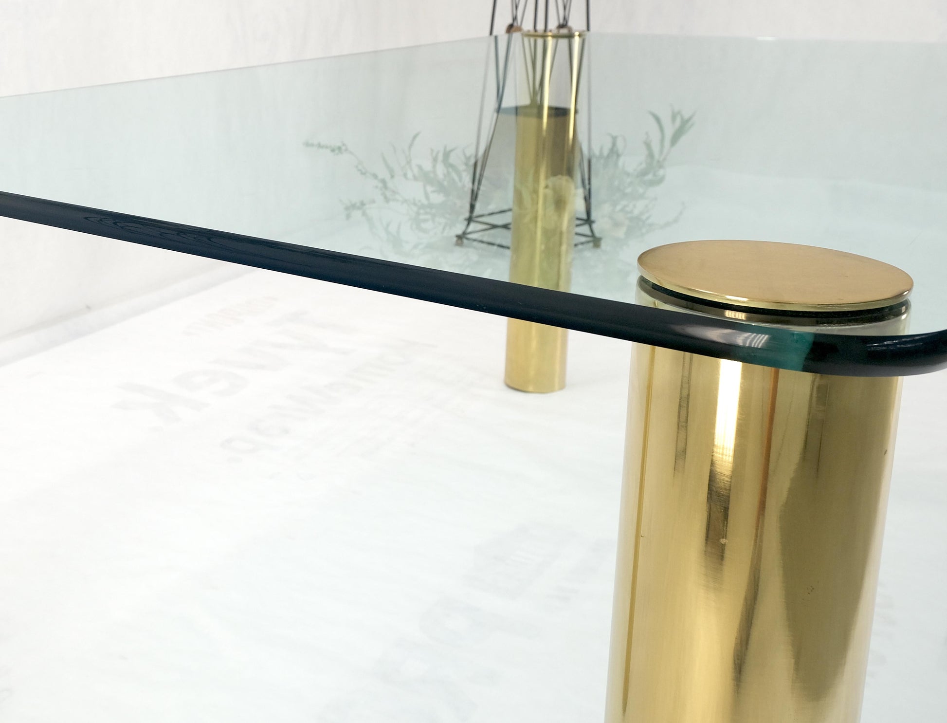 EstablishedLines 3/4" Thick Glass Top Rounded Corners Brass Cylinder Legs Mid Century Modern