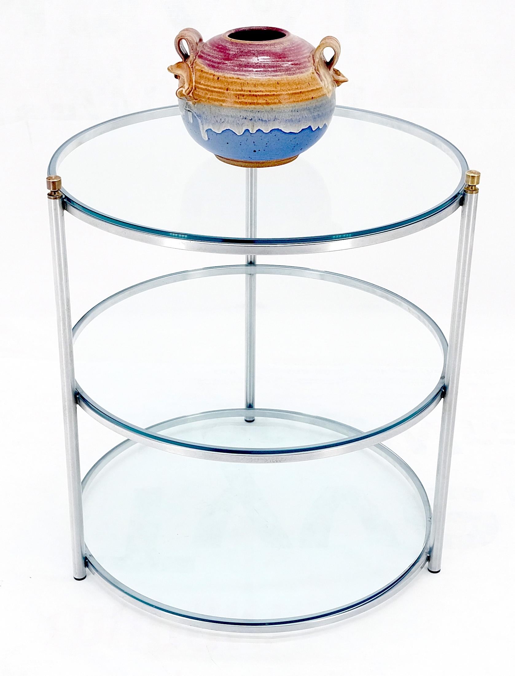 EstablishedLines Round 22' Diameter 3 Tier Glass Shelves Chrome Brass Finials Side End Table MINT