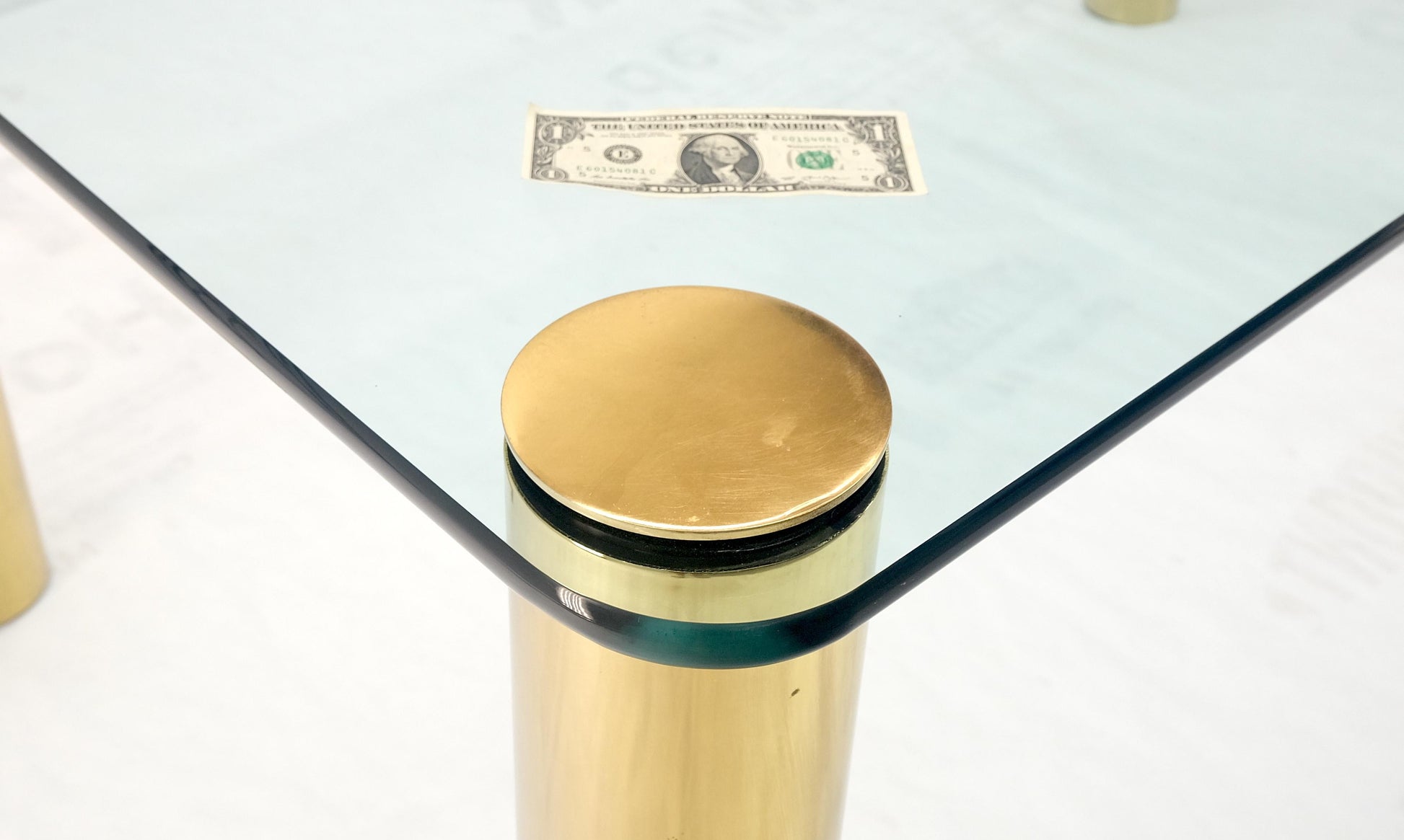 EstablishedLines 3/4" Thick Glass Top Rounded Corners Brass Cylinder Legs Mid Century Modern
