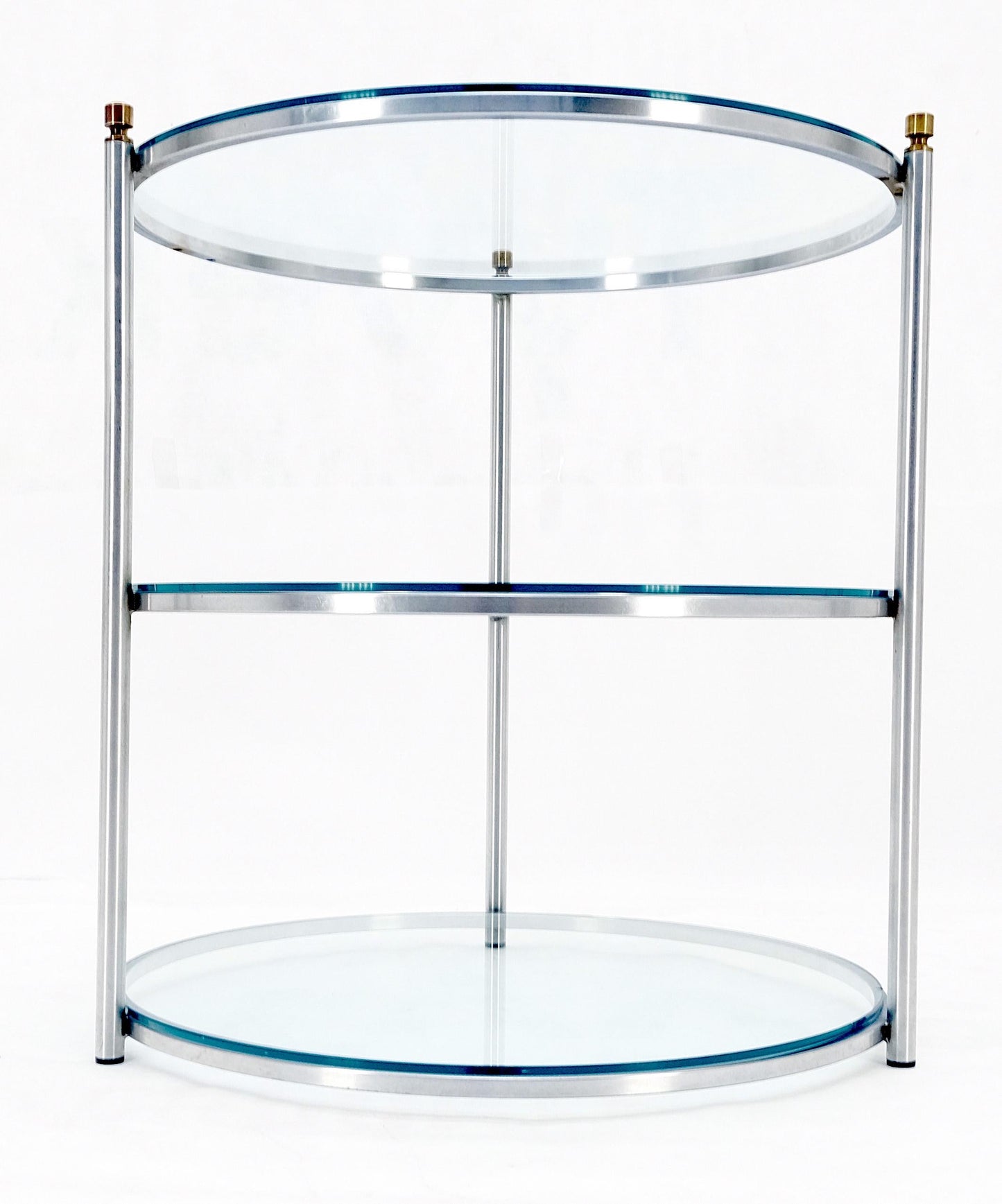 EstablishedLines Round 22' Diameter 3 Tier Glass Shelves Chrome Brass Finials Side End Table MINT