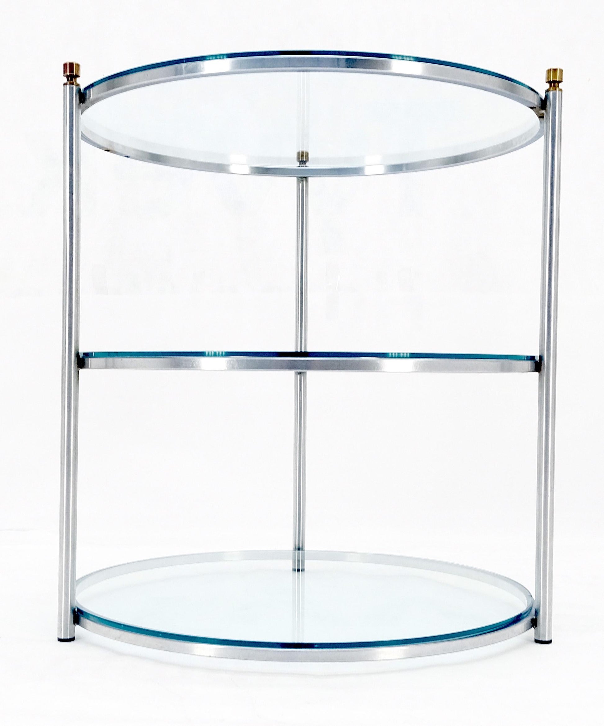 EstablishedLines Round 22' Diameter 3 Tier Glass Shelves Chrome Brass Finials Side End Table MINT