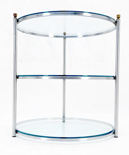 EstablishedLines Round 22' Diameter 3 Tier Glass Shelves Chrome Brass Finials Side End Table MINT