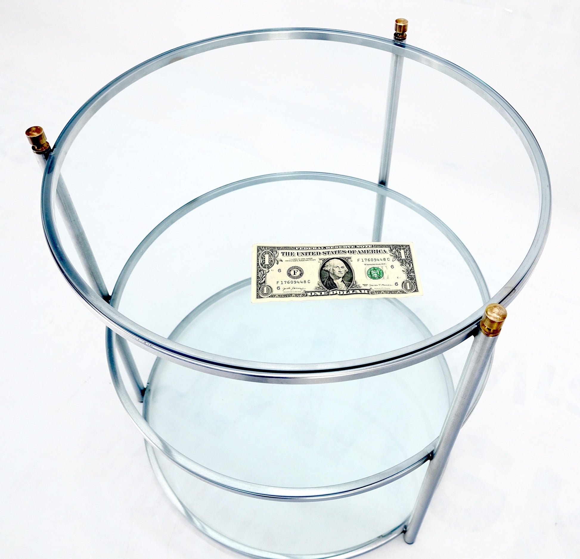 EstablishedLines Round 22' Diameter 3 Tier Glass Shelves Chrome Brass Finials Side End Table MINT