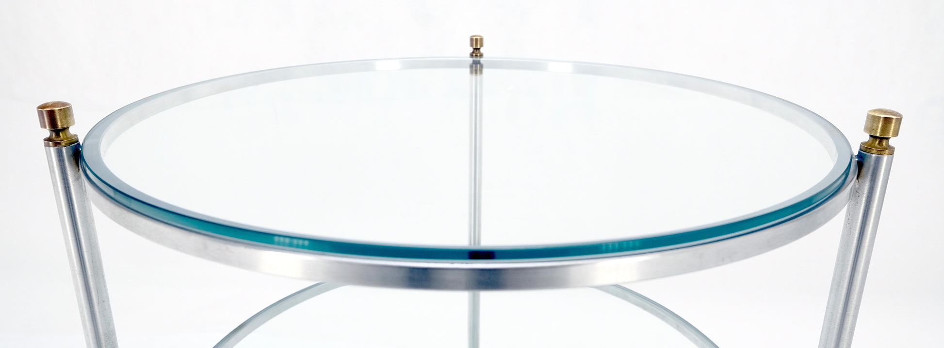 EstablishedLines Round 22' Diameter 3 Tier Glass Shelves Chrome Brass Finials Side End Table MINT