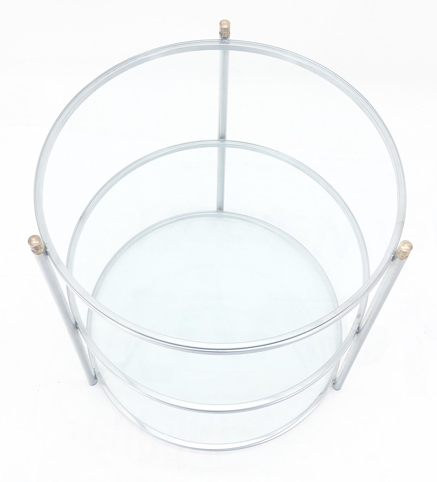 EstablishedLines Round 22' Diameter 3 Tier Glass Shelves Chrome Brass Finials Side End Table MINT