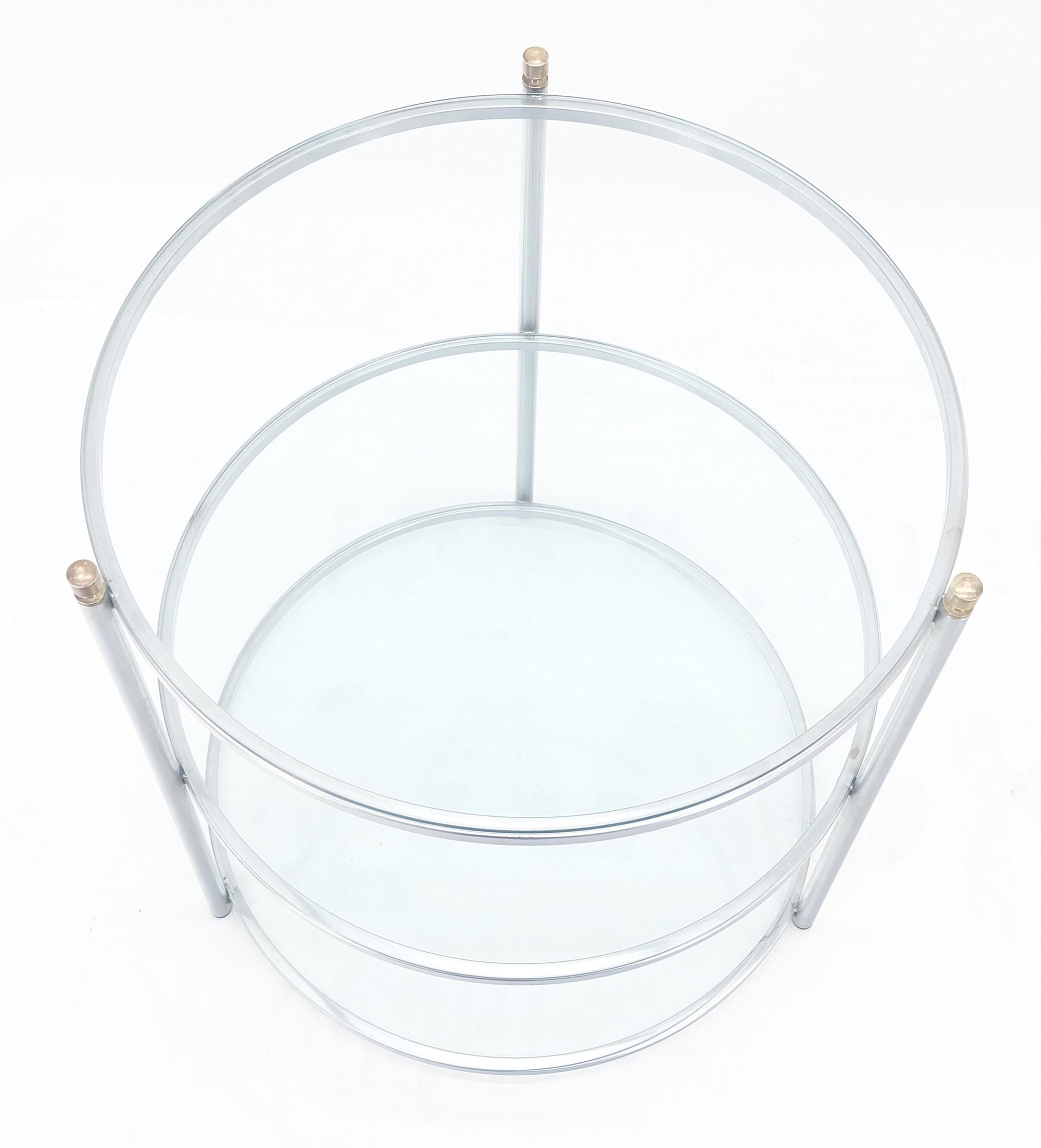 EstablishedLines Round 22' Diameter 3 Tier Glass Shelves Chrome Brass Finials Side End Table MINT
