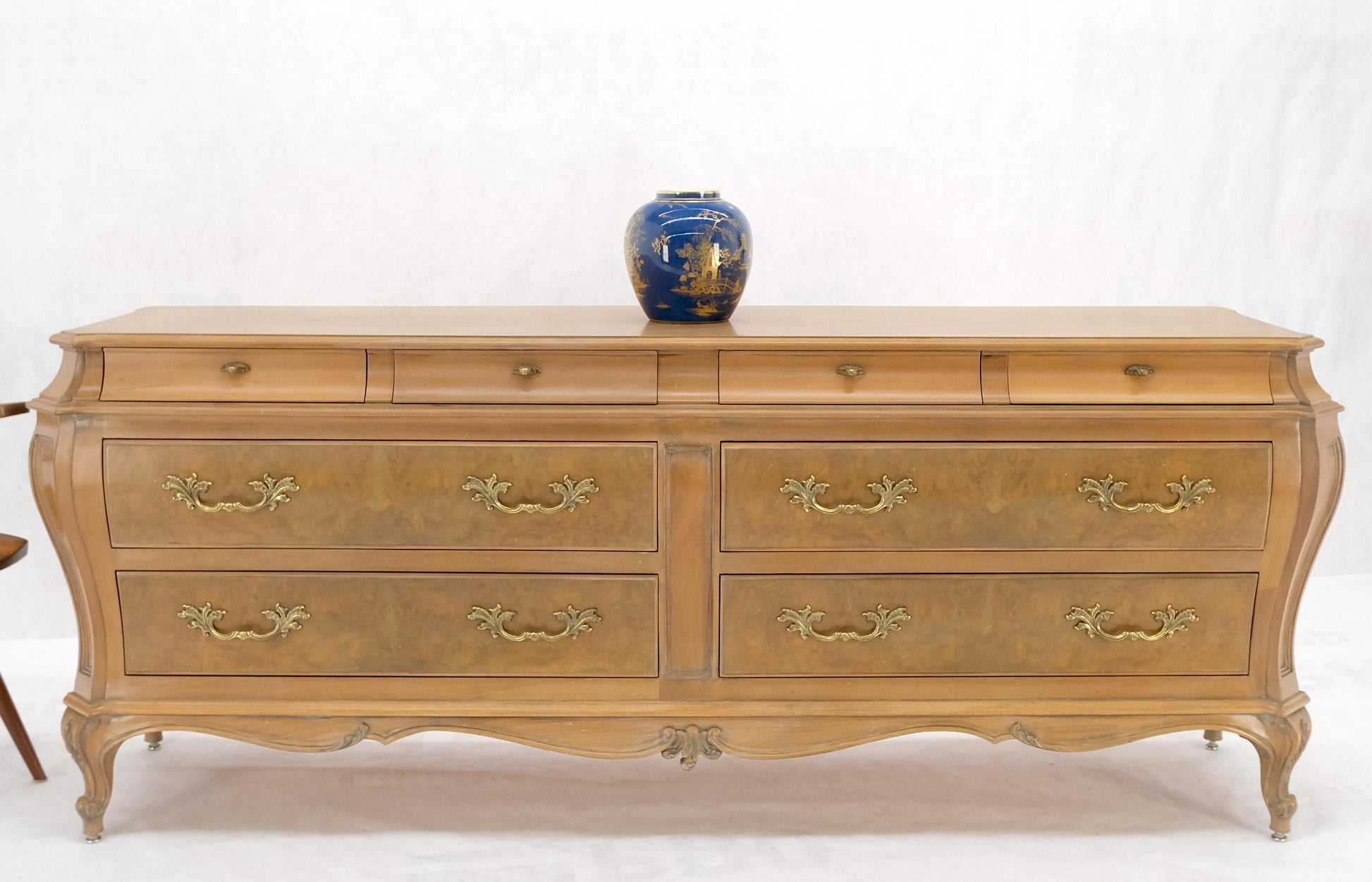 EstablishedLines Long Country French Bombe 8 Drawer White Wash Burl Dresser Credenza Solid & Mint
