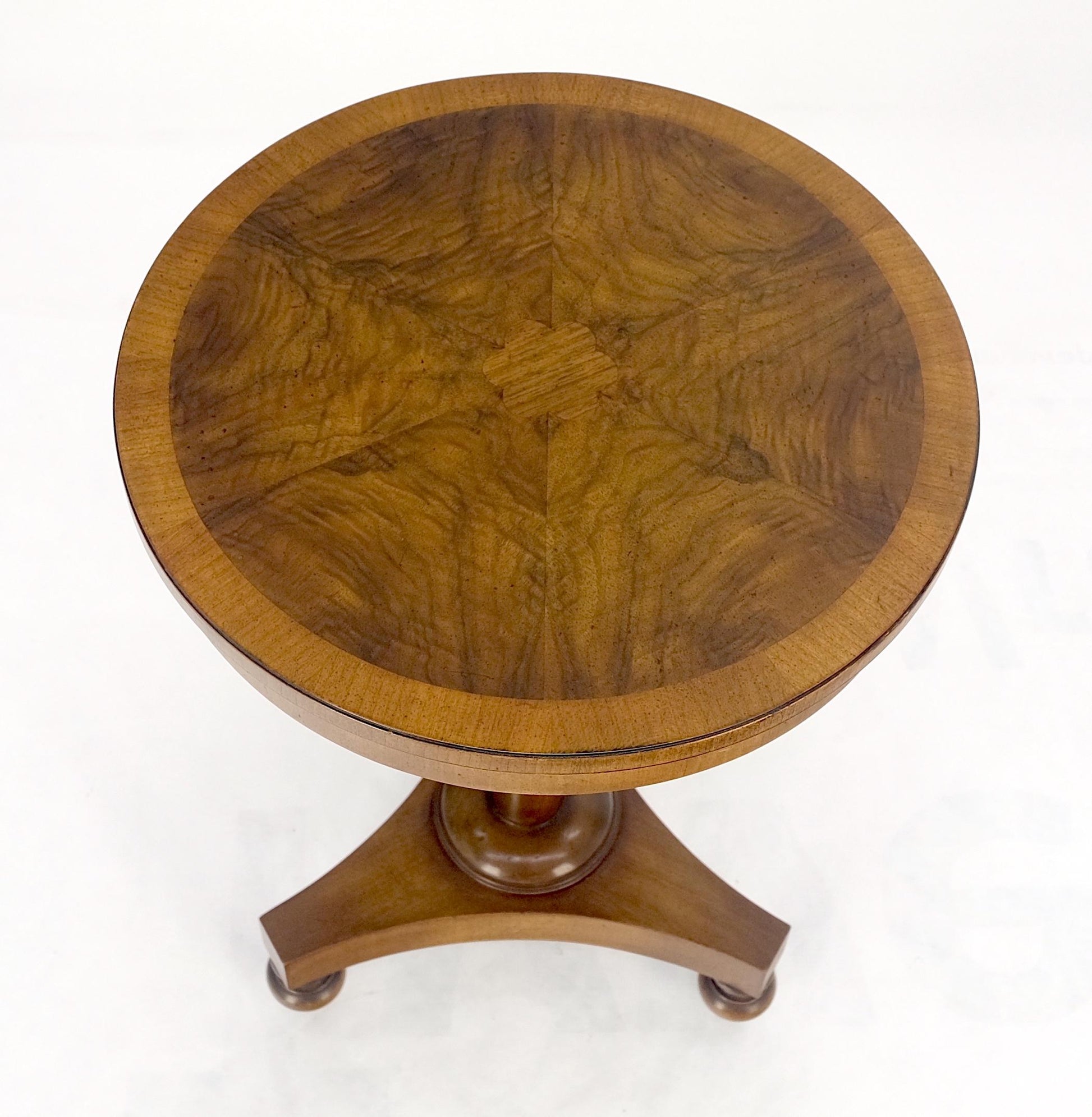 EstablishedLines John Widdicomb Very Fine Burl Wood Round Top Triangle Base Side End Table Stand