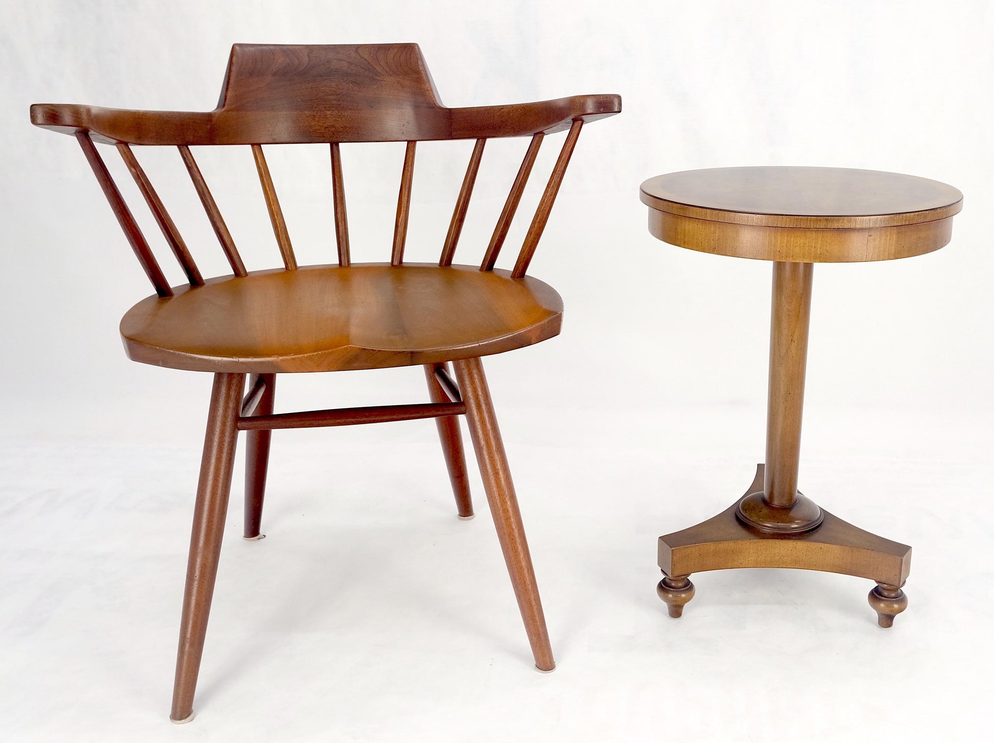 EstablishedLines John Widdicomb Very Fine Burl Wood Round Top Triangle Base Side End Table Stand