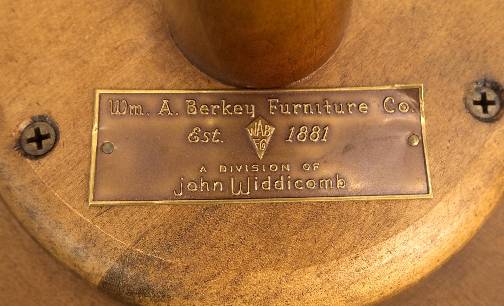 EstablishedLines John Widdicomb Very Fine Burl Wood Round Top Triangle Base Side End Table Stand