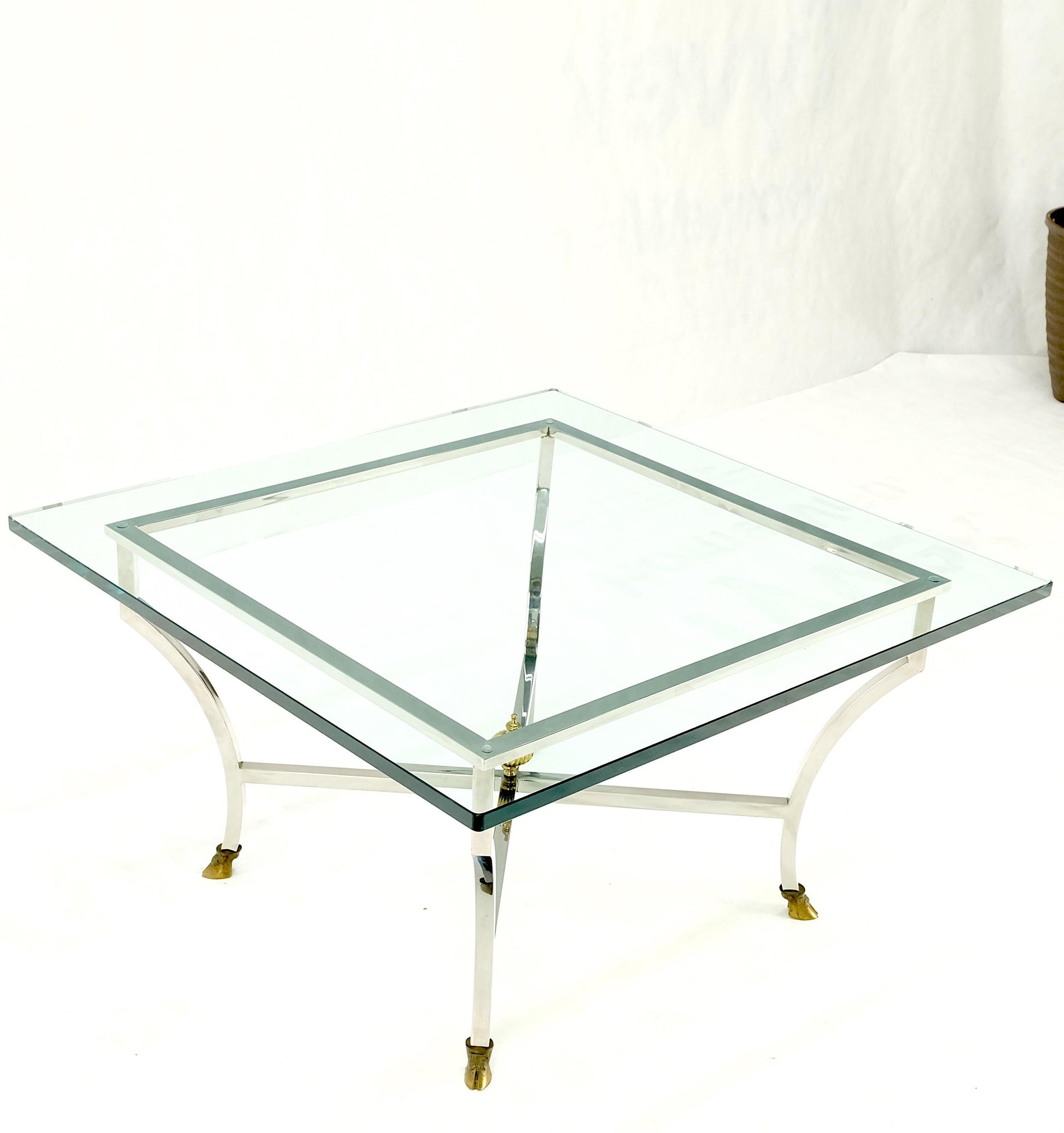 EstablishedLines Chrome Glass Brass Finial Base Hoof Feet Square Coffee Center Table Mint!