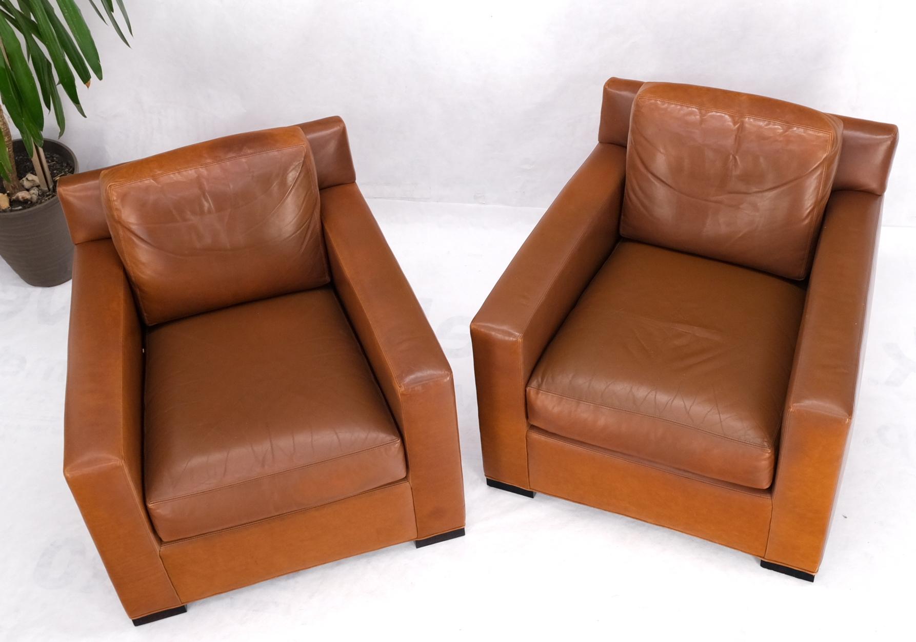 EstablishedLines Pair of Brown Tan Leather Lounge Chairs by Coach