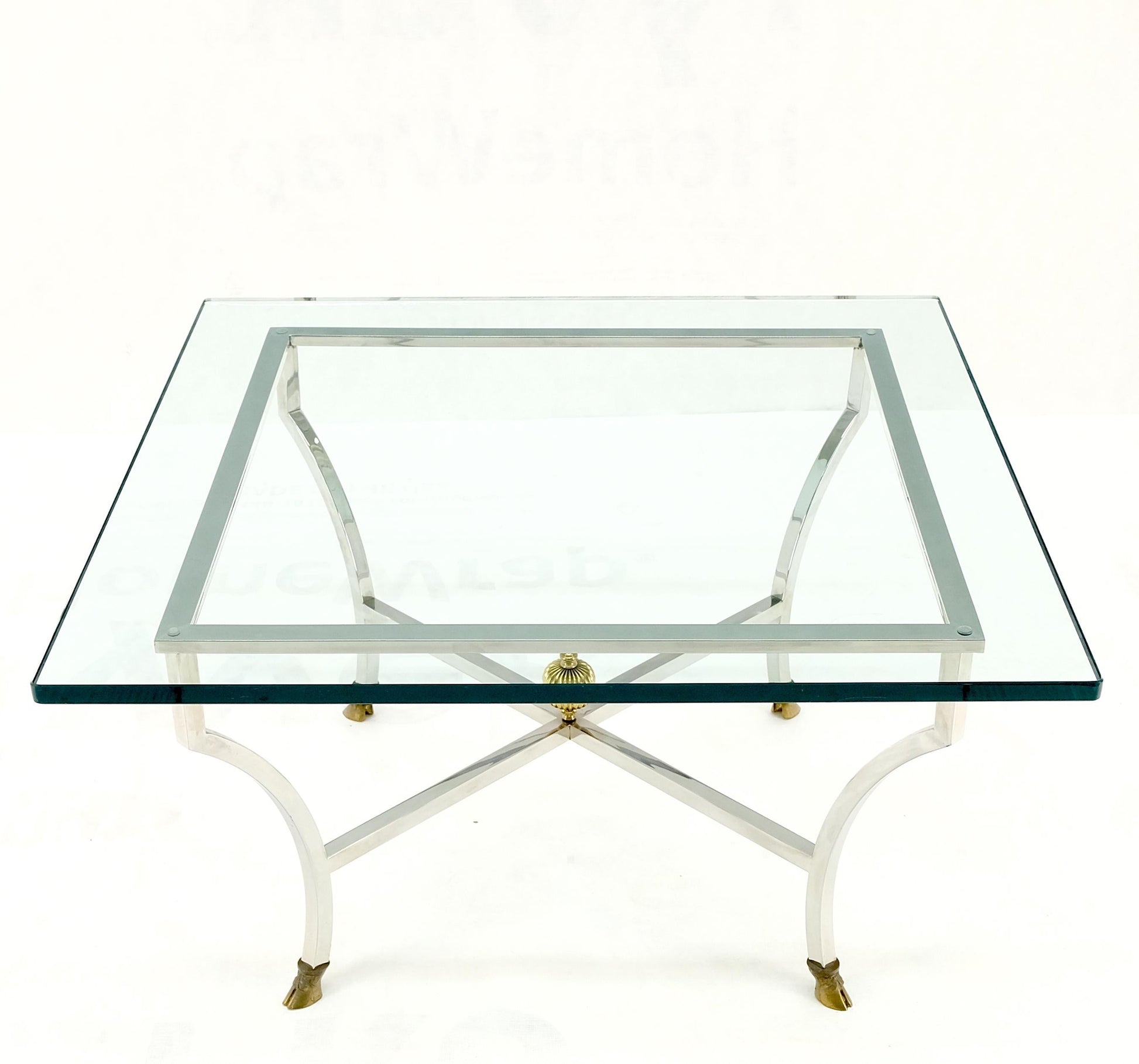 EstablishedLines Chrome Glass Brass Finial Base Hoof Feet Square Coffee Center Table Mint!