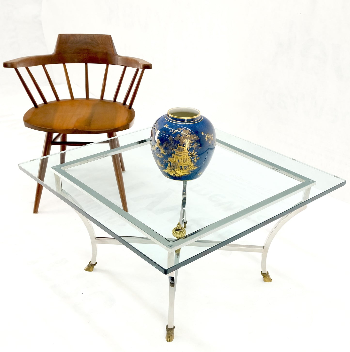 EstablishedLines Chrome Glass Brass Finial Base Hoof Feet Square Coffee Center Table Mint!