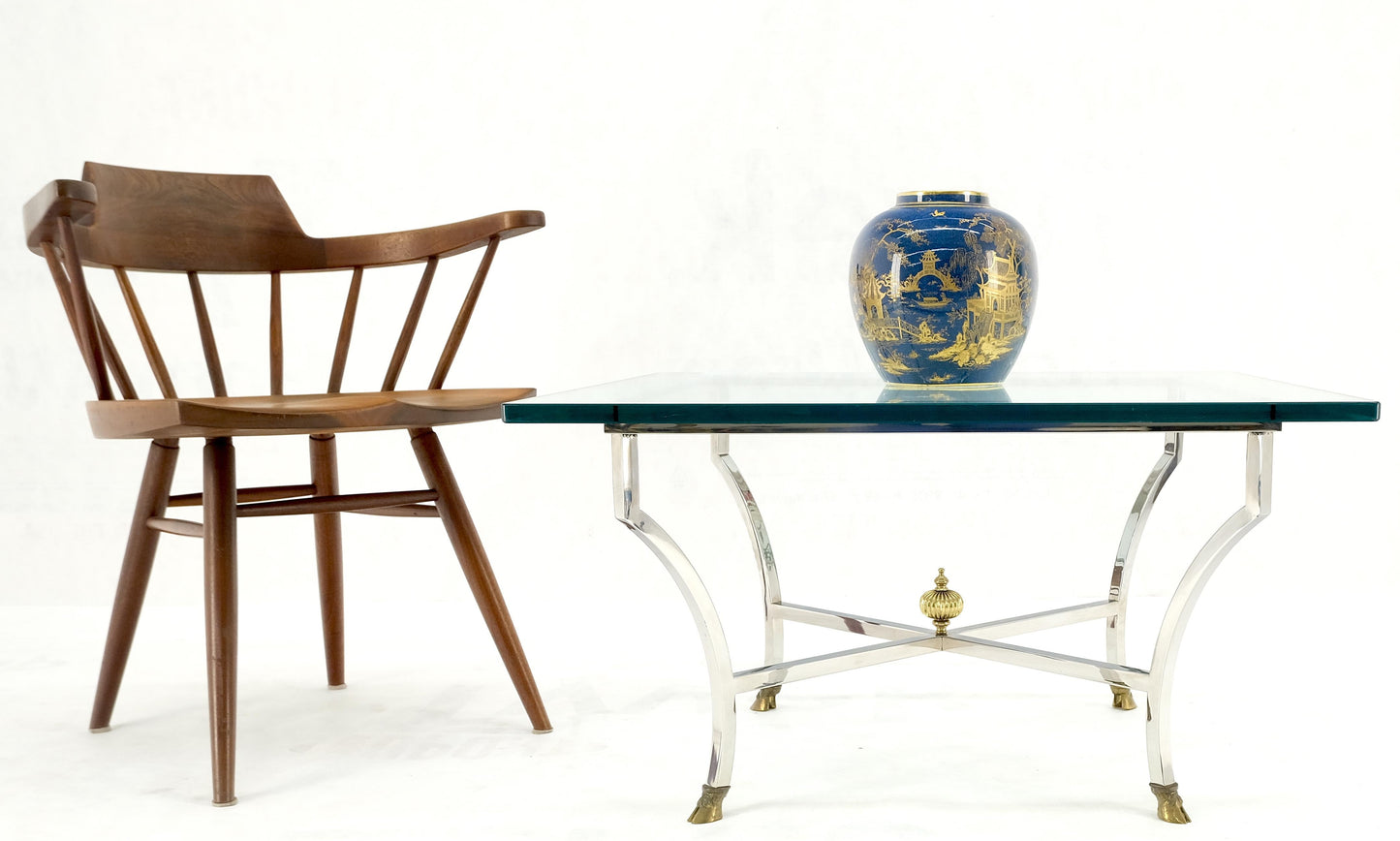 EstablishedLines Chrome Glass Brass Finial Base Hoof Feet Square Coffee Center Table Mint!