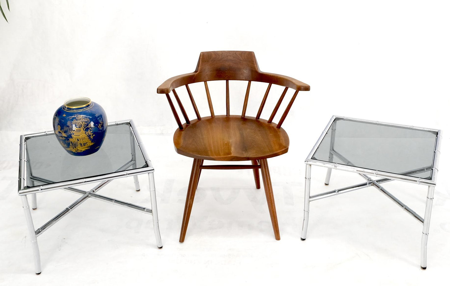 EstablishedLines Pair of Chrome Metal Faux Bamboo x Base Smoked Glass End Side Tables