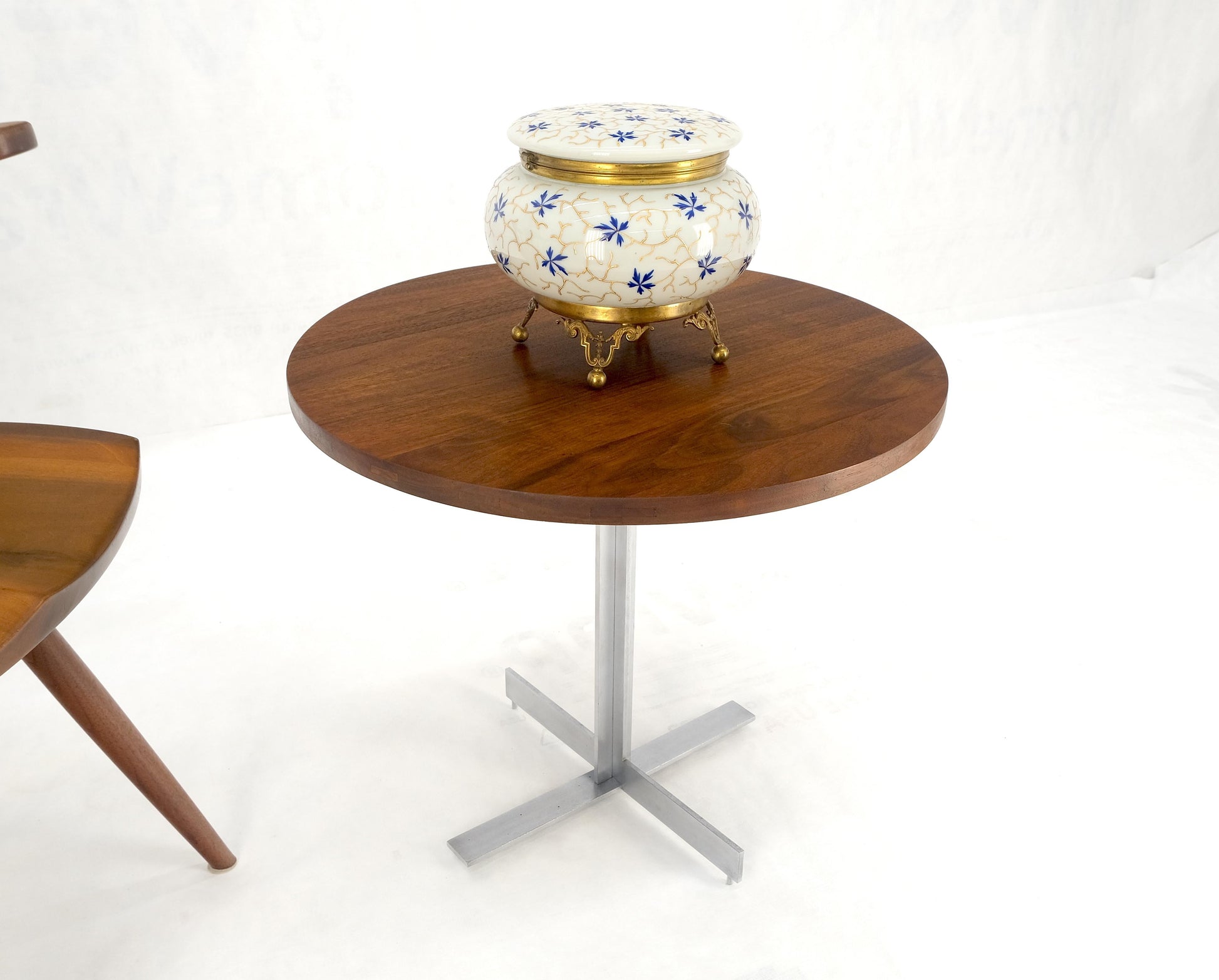 EstablishedLines Solid Walnut Round Top Brushed Machined Stainless Steel Base Side End Table Stan