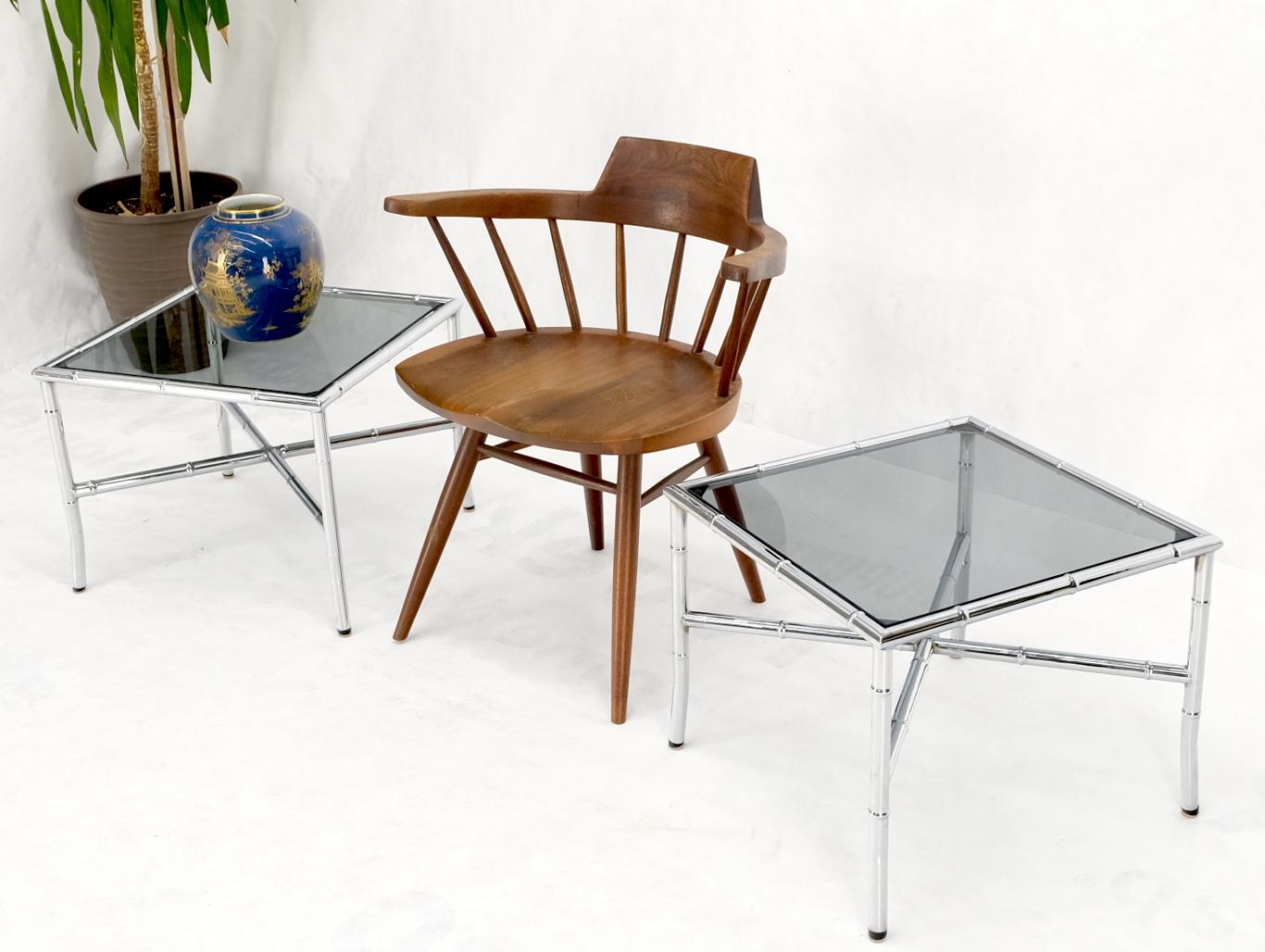EstablishedLines Pair of Chrome Metal Faux Bamboo x Base Smoked Glass End Side Tables