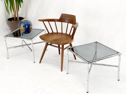 EstablishedLines Pair of Chrome Metal Faux Bamboo x Base Smoked Glass End Side Tables