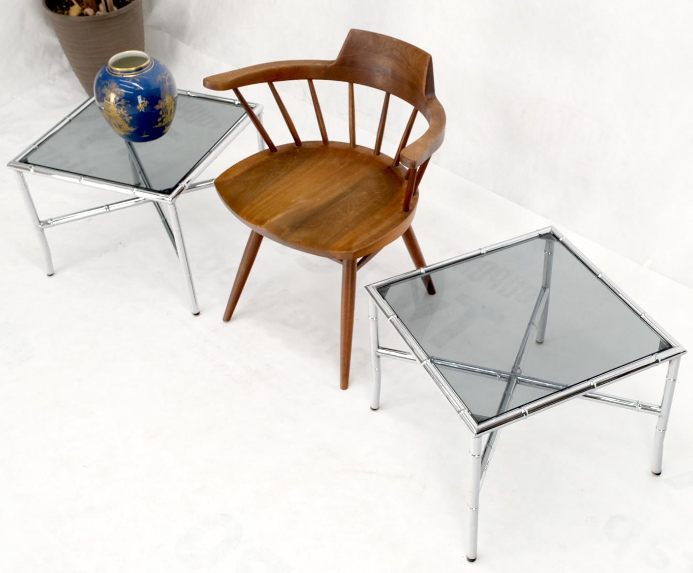 EstablishedLines Pair of Chrome Metal Faux Bamboo x Base Smoked Glass End Side Tables