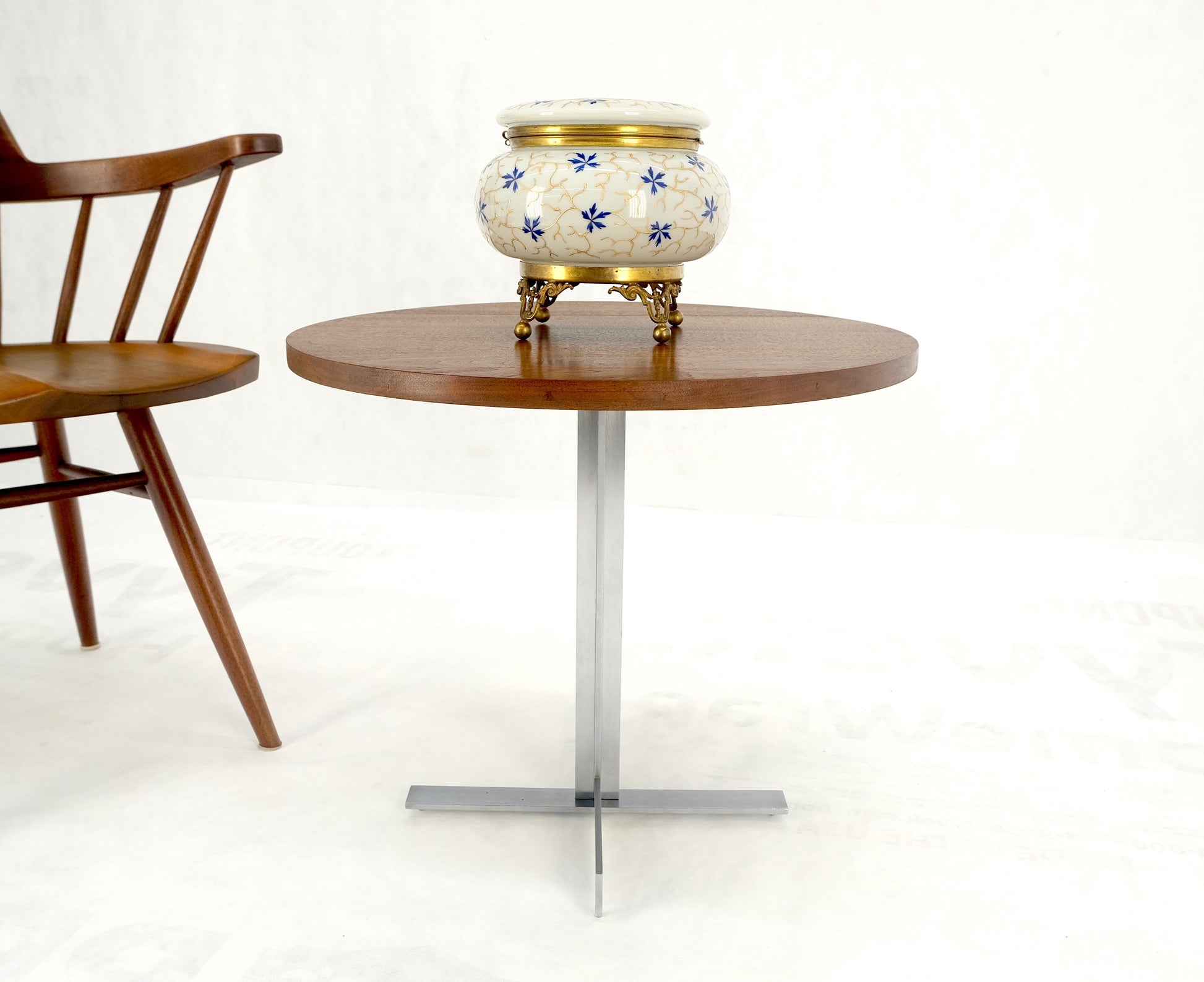 EstablishedLines Solid Walnut Round Top Brushed Machined Stainless Steel Base Side End Table Stan