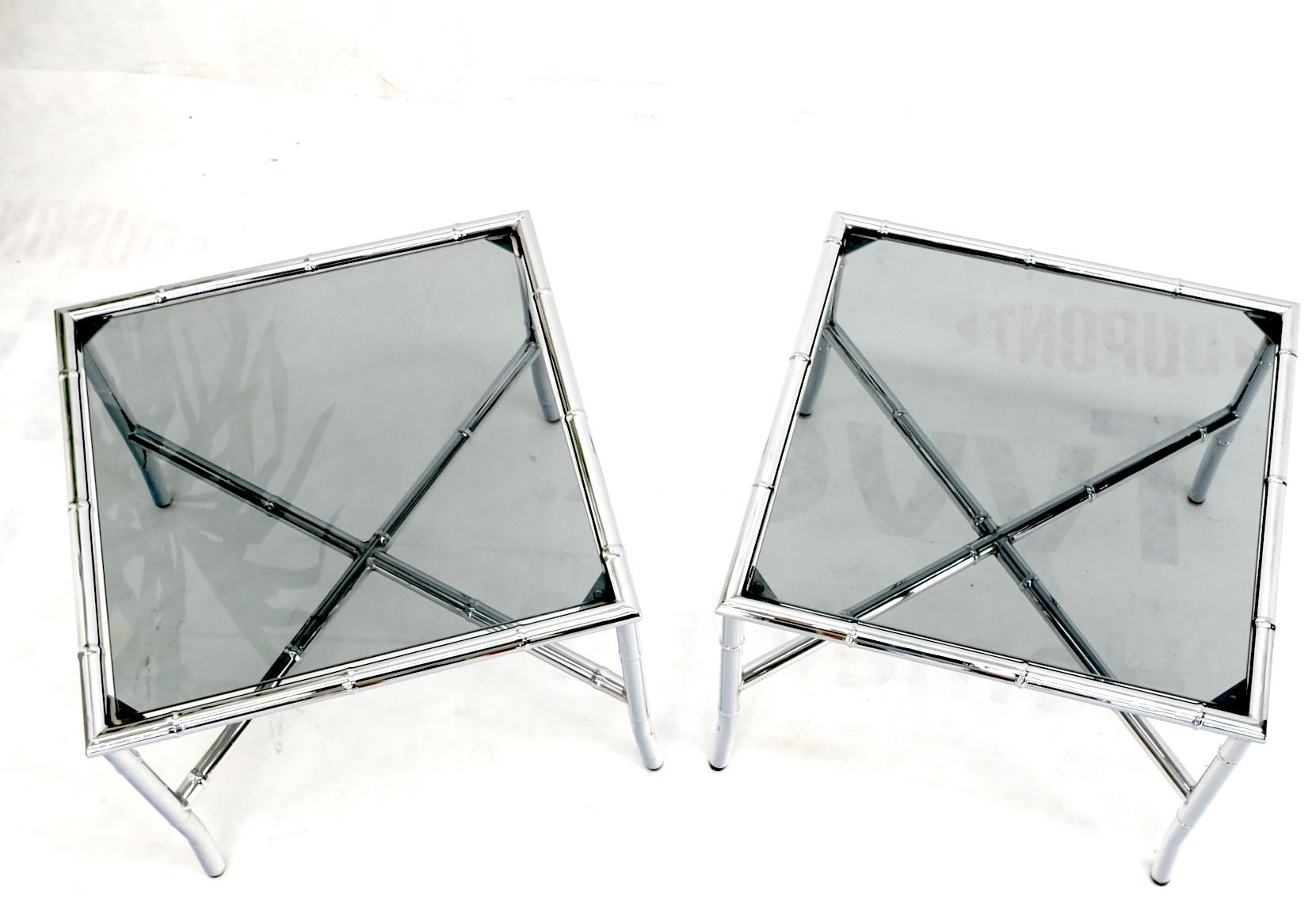 EstablishedLines Pair of Chrome Metal Faux Bamboo x Base Smoked Glass End Side Tables