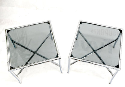 EstablishedLines Pair of Chrome Metal Faux Bamboo x Base Smoked Glass End Side Tables