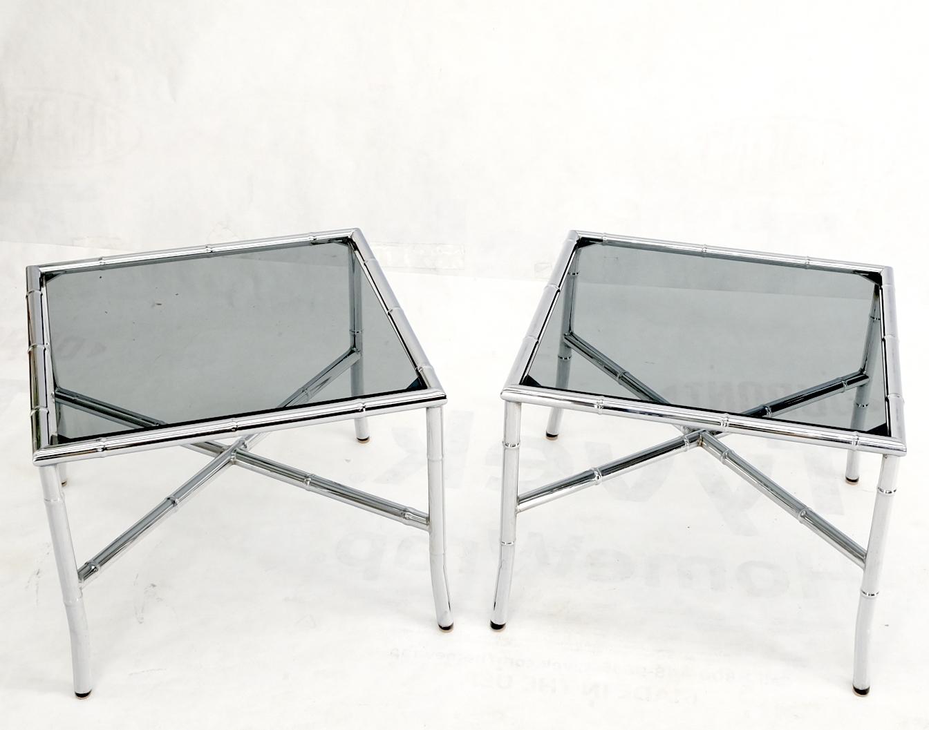 EstablishedLines Pair of Chrome Metal Faux Bamboo x Base Smoked Glass End Side Tables