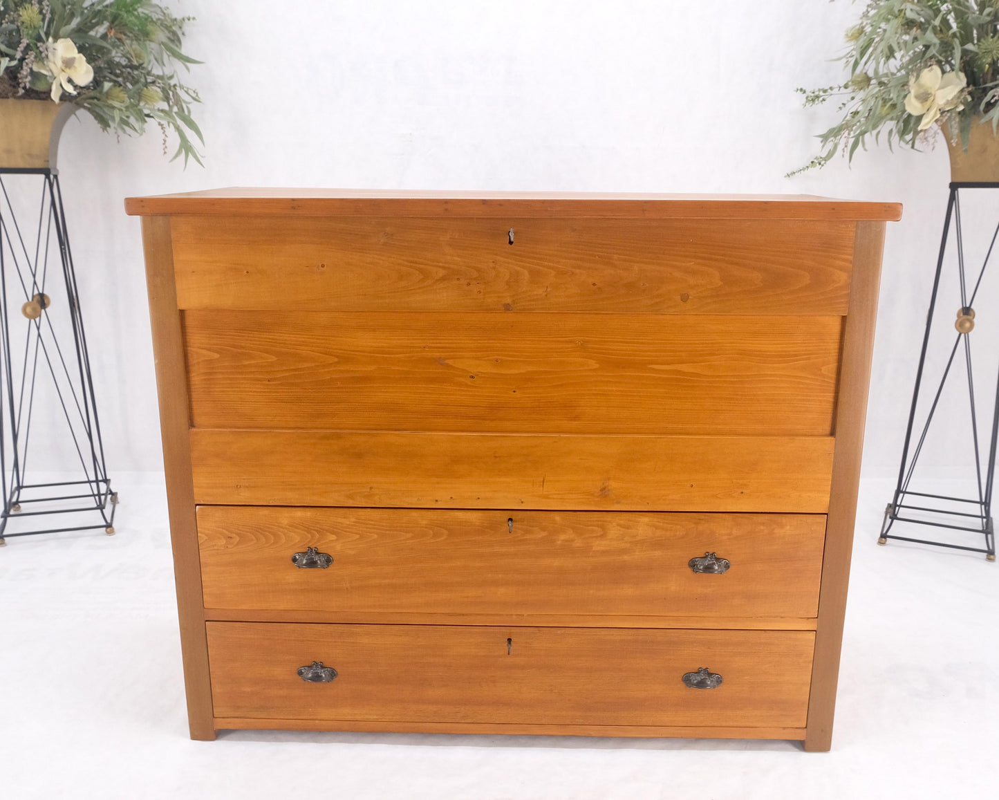 Large Antique Pine Two Bottom Drawers Trunk Hope Chest Blanket Chest Keyed MINT!