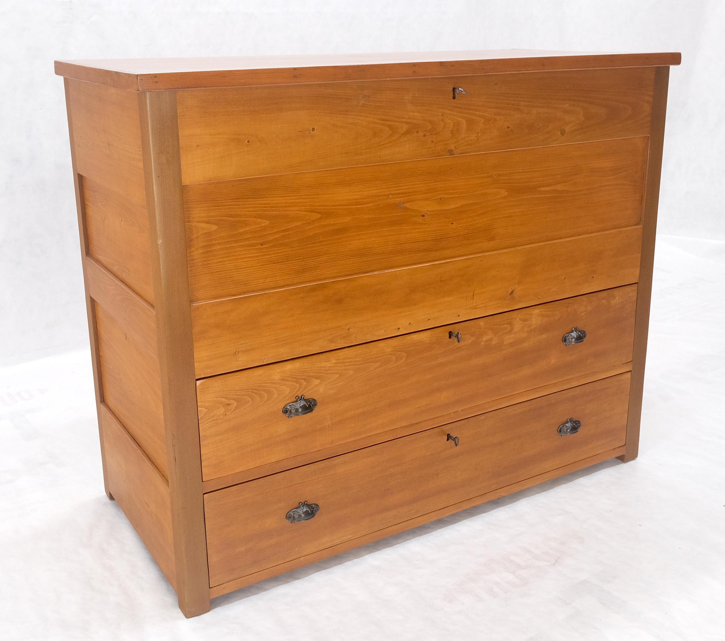 Large Antique Pine Two Bottom Drawers Trunk Hope Chest Blanket Chest Keyed MINT!