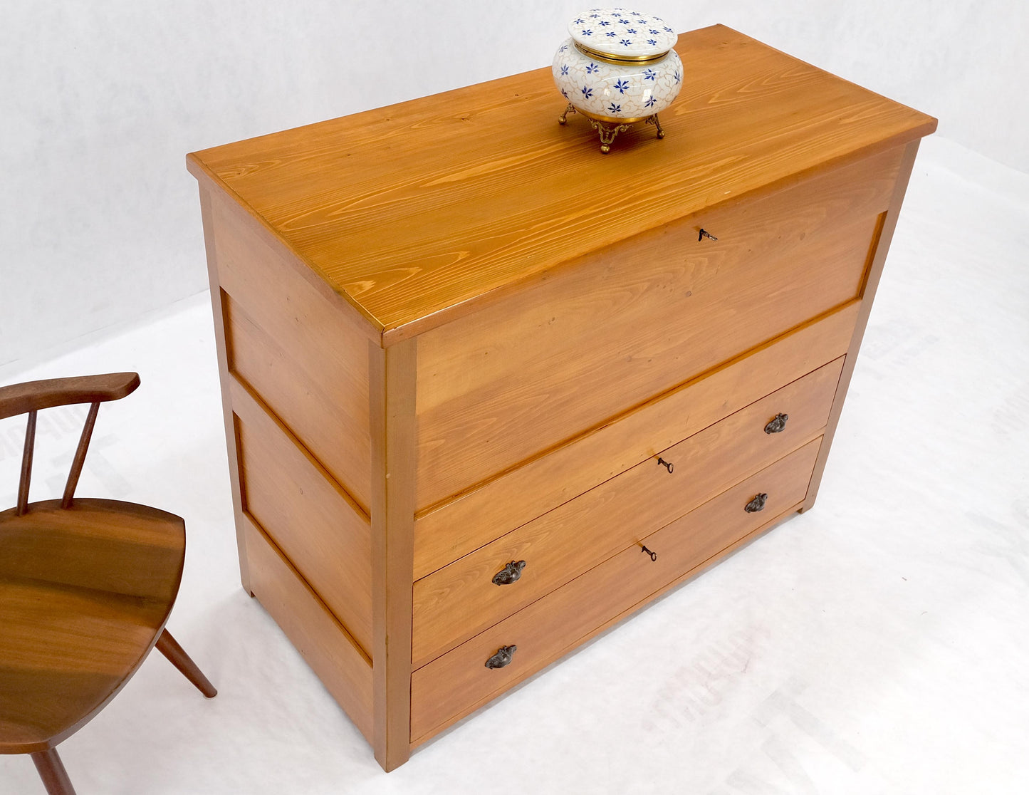 Large Antique Pine Two Bottom Drawers Trunk Hope Chest Blanket Chest Keyed MINT!