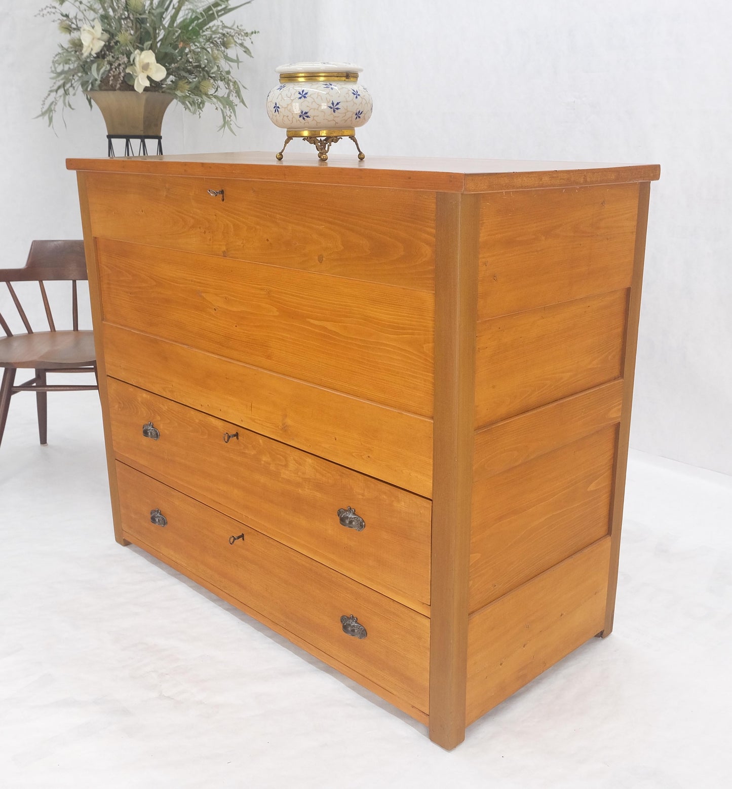 Large Antique Pine Two Bottom Drawers Trunk Hope Chest Blanket Chest Keyed MINT!