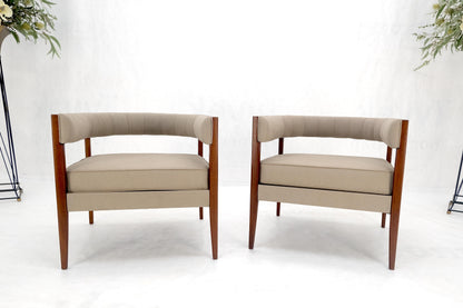 EstablishedLines Pair New Alcantera Upholstery Walnut Cube Shape Barrel Back Lounge Chairs MINT!