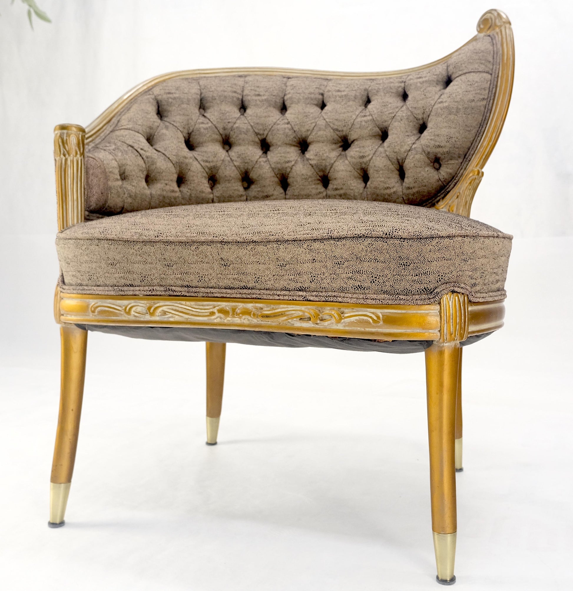 EstablishedLines Pair Gold Gilt Carved Frame New Upholstery Tufted Back Fire Side Lounge Chairs
