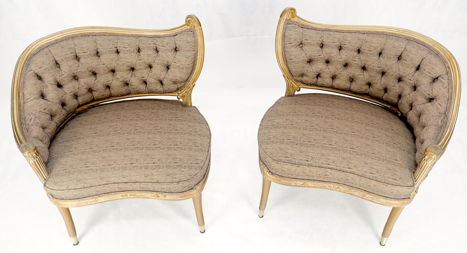 EstablishedLines Pair Gold Gilt Carved Frame New Upholstery Tufted Back Fire Side Lounge Chairs