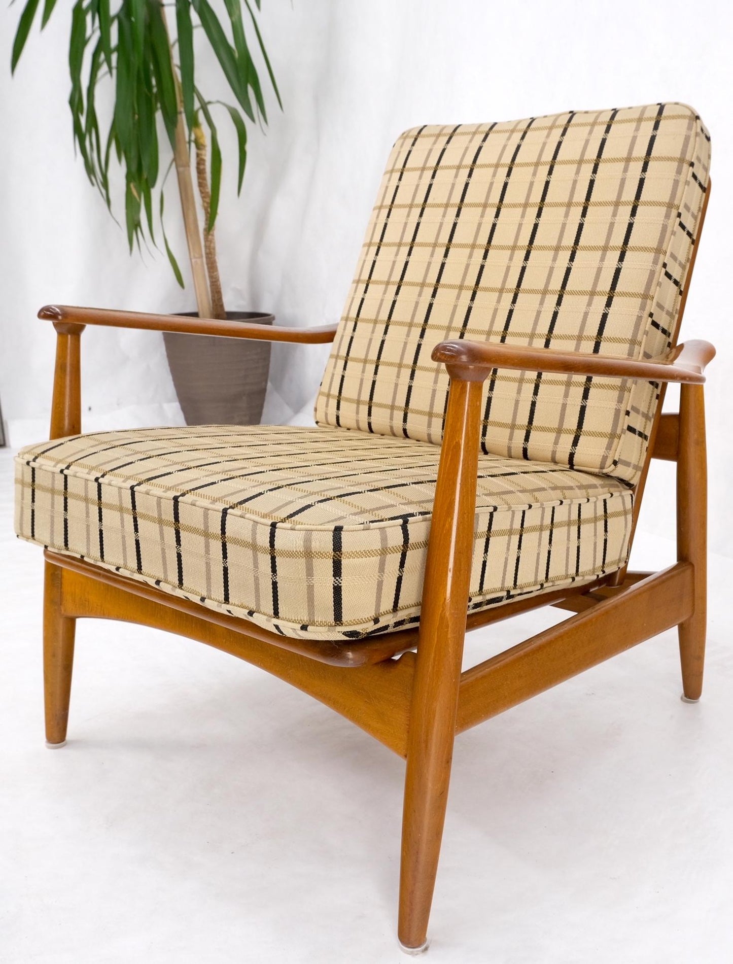 EstablishedLines John Stuart Mid Century Danish Modern Plaid Pattern Upholstery Teak Lounge Chair