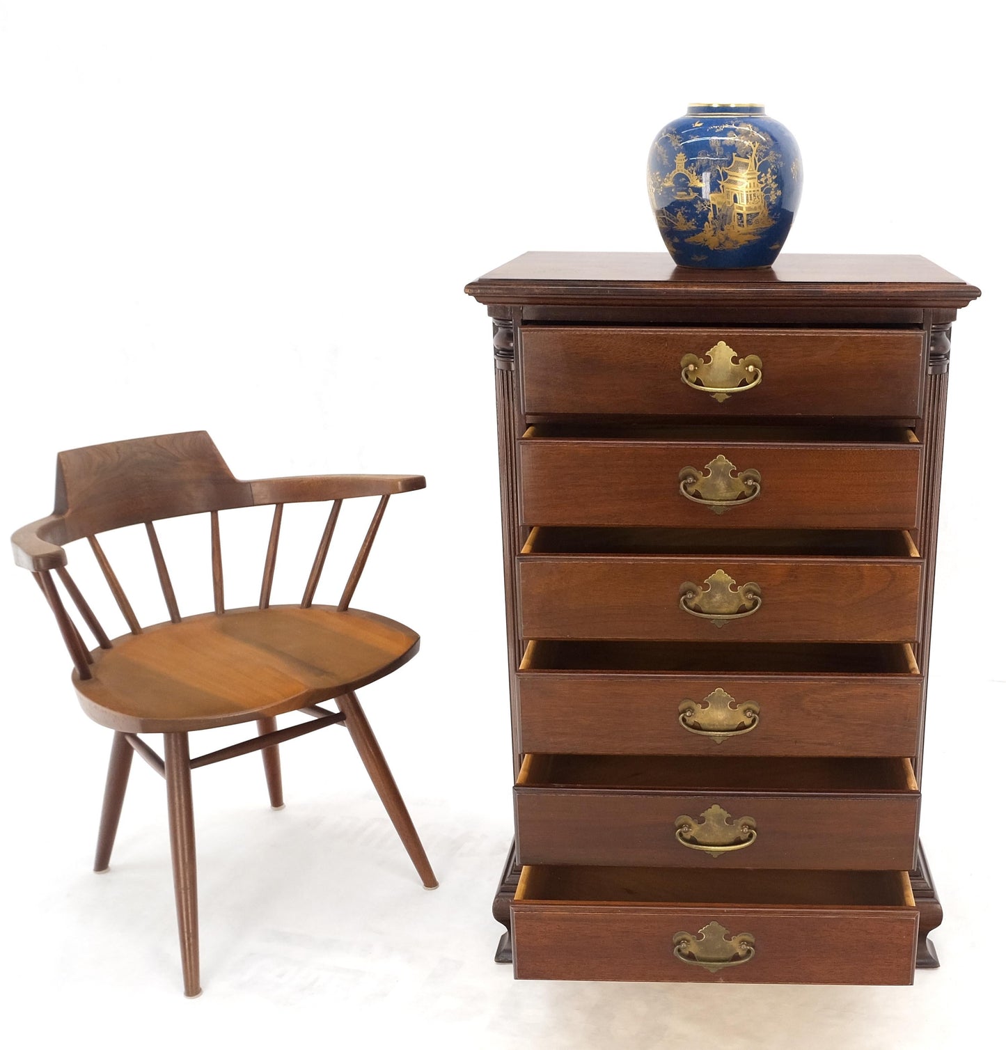 EstablishedLines Bracket Feet Mahogany 6 Drawers Brass Pulls Tall Lingerie Chest Dresser Cabinet