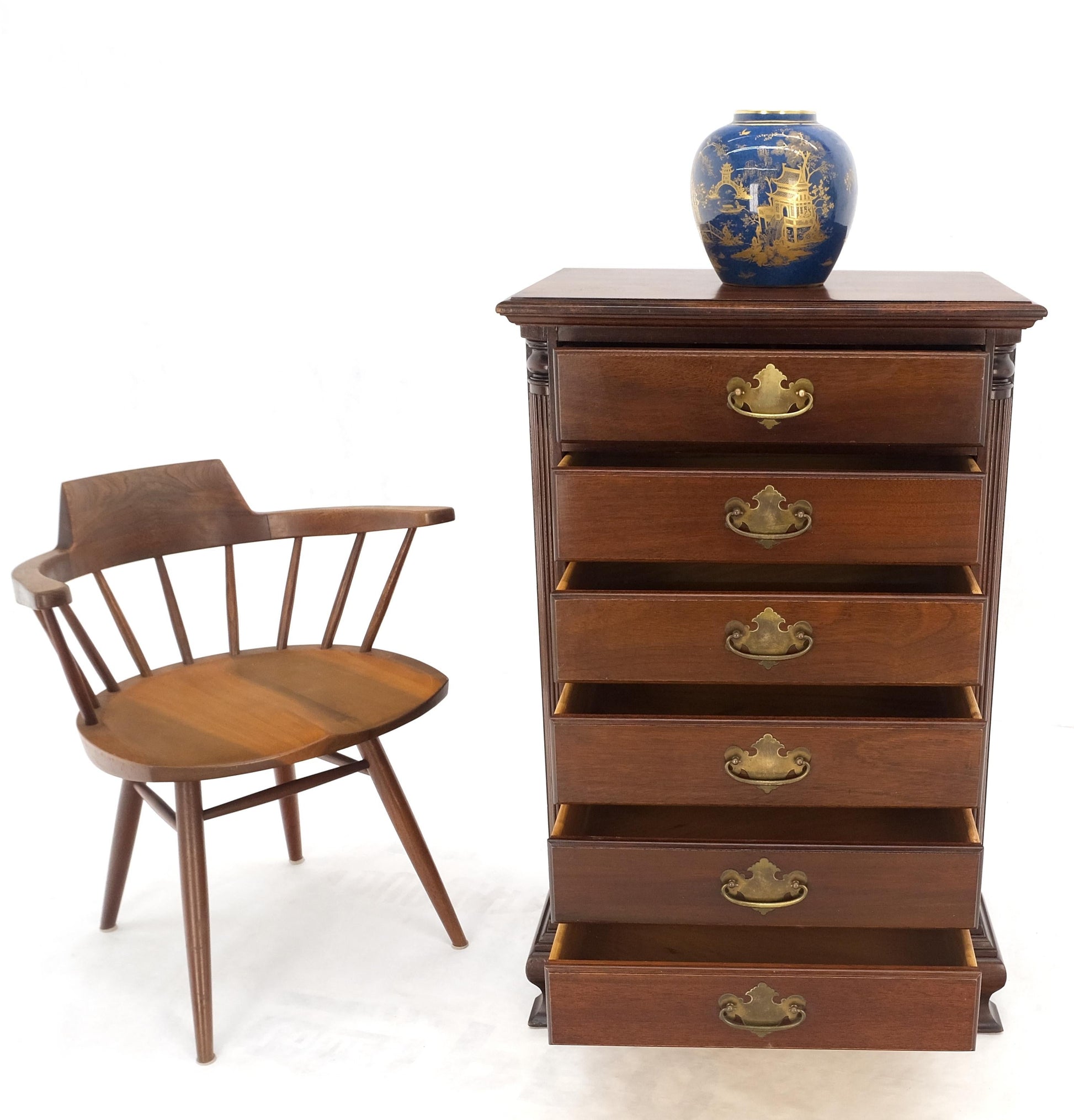 EstablishedLines Bracket Feet Mahogany 6 Drawers Brass Pulls Tall Lingerie Chest Dresser Cabinet