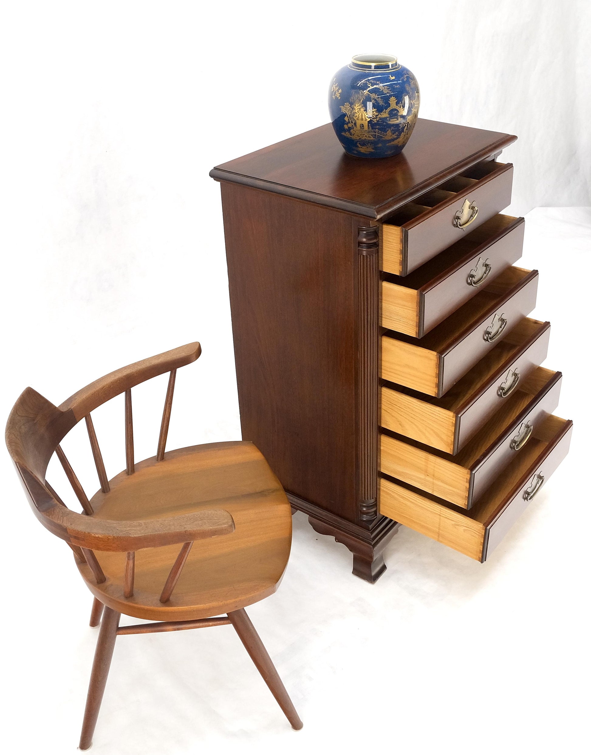 EstablishedLines Bracket Feet Mahogany 6 Drawers Brass Pulls Tall Lingerie Chest Dresser Cabinet