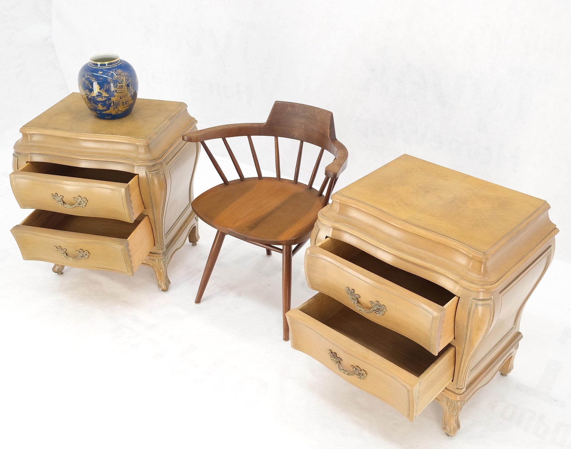 EstablishedLines Pair Bombe White Wash Pickled Burl Wood Night Stands End Tables Brass Pulls Mint