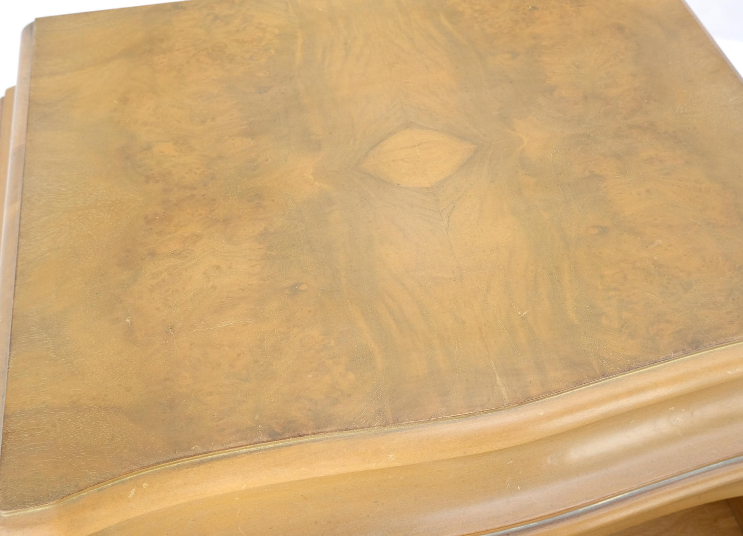 EstablishedLines Pair Bombe White Wash Pickled Burl Wood Night Stands End Tables Brass Pulls Mint