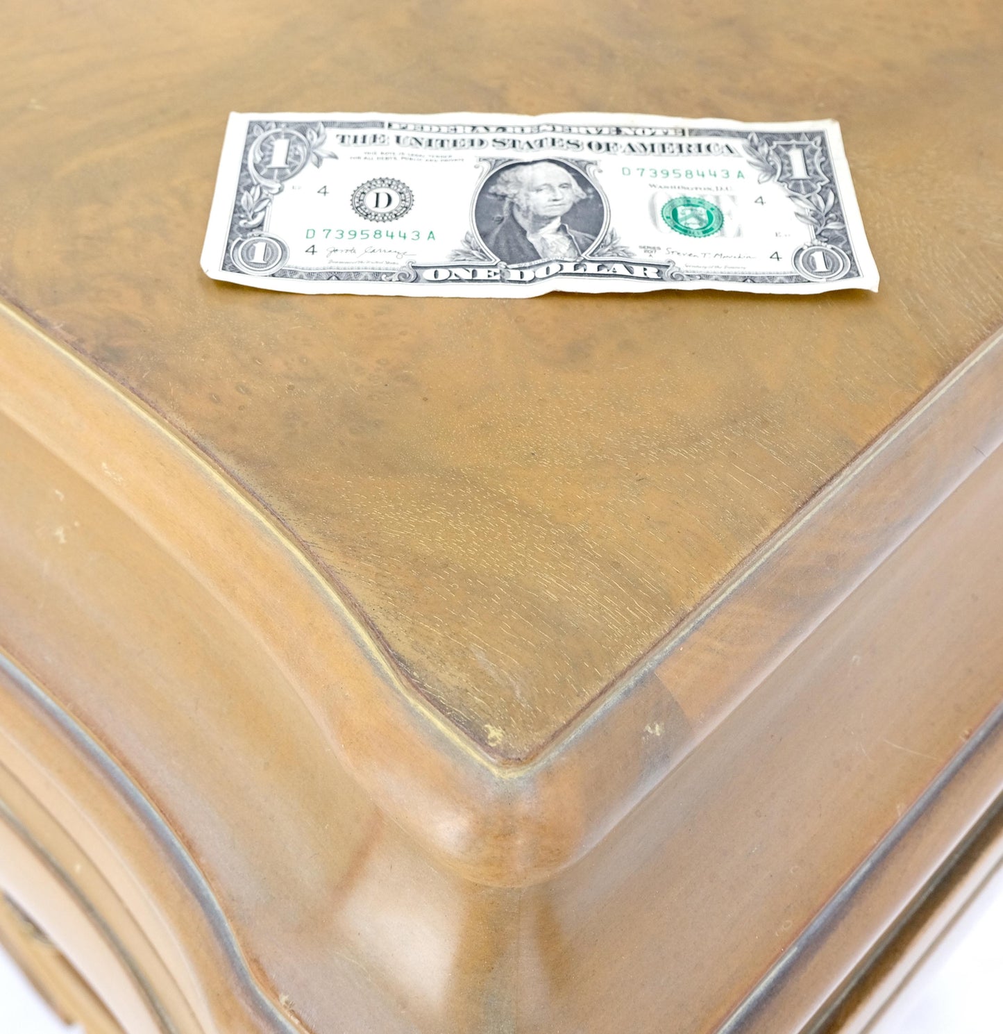 EstablishedLines Pair Bombe White Wash Pickled Burl Wood Night Stands End Tables Brass Pulls Mint