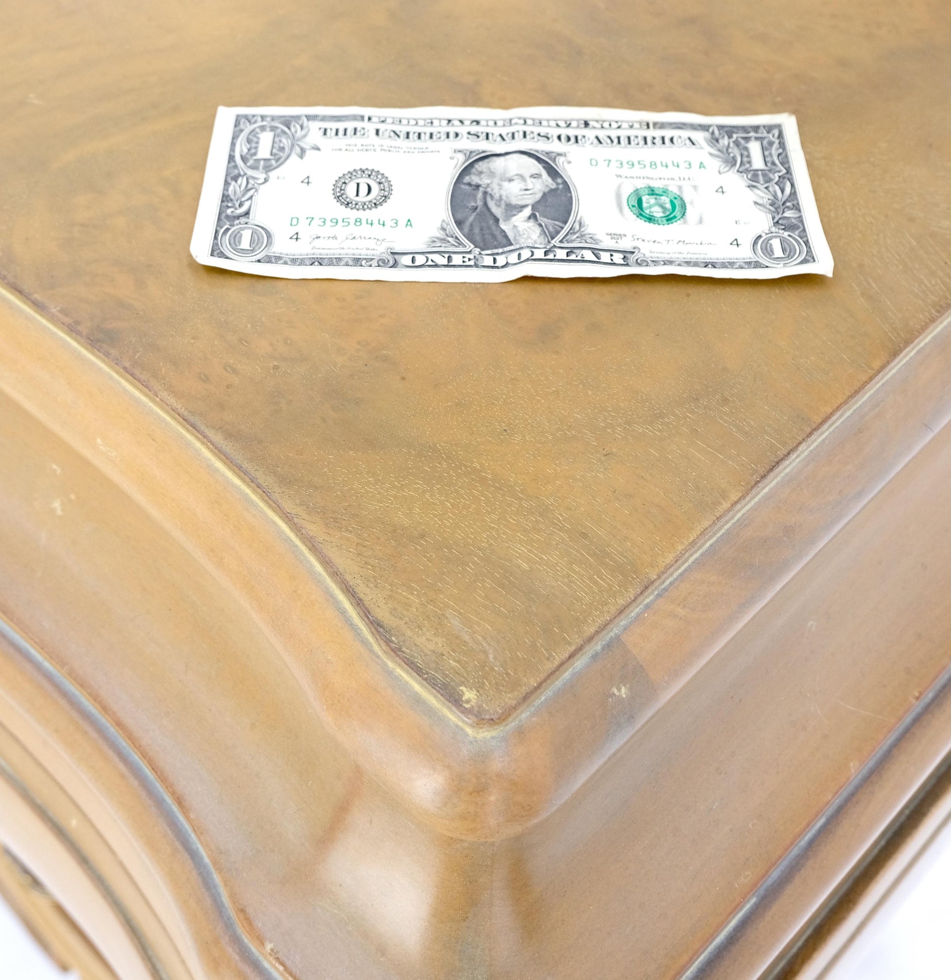 EstablishedLines Pair Bombe White Wash Pickled Burl Wood Night Stands End Tables Brass Pulls Mint