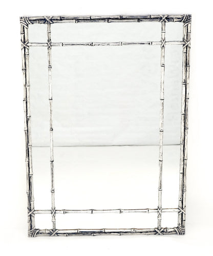 EstablishedLines Hollywood Regency Cast Aluminum Faux Bamboo Silvered Gilt Metal Rectangle Mirror