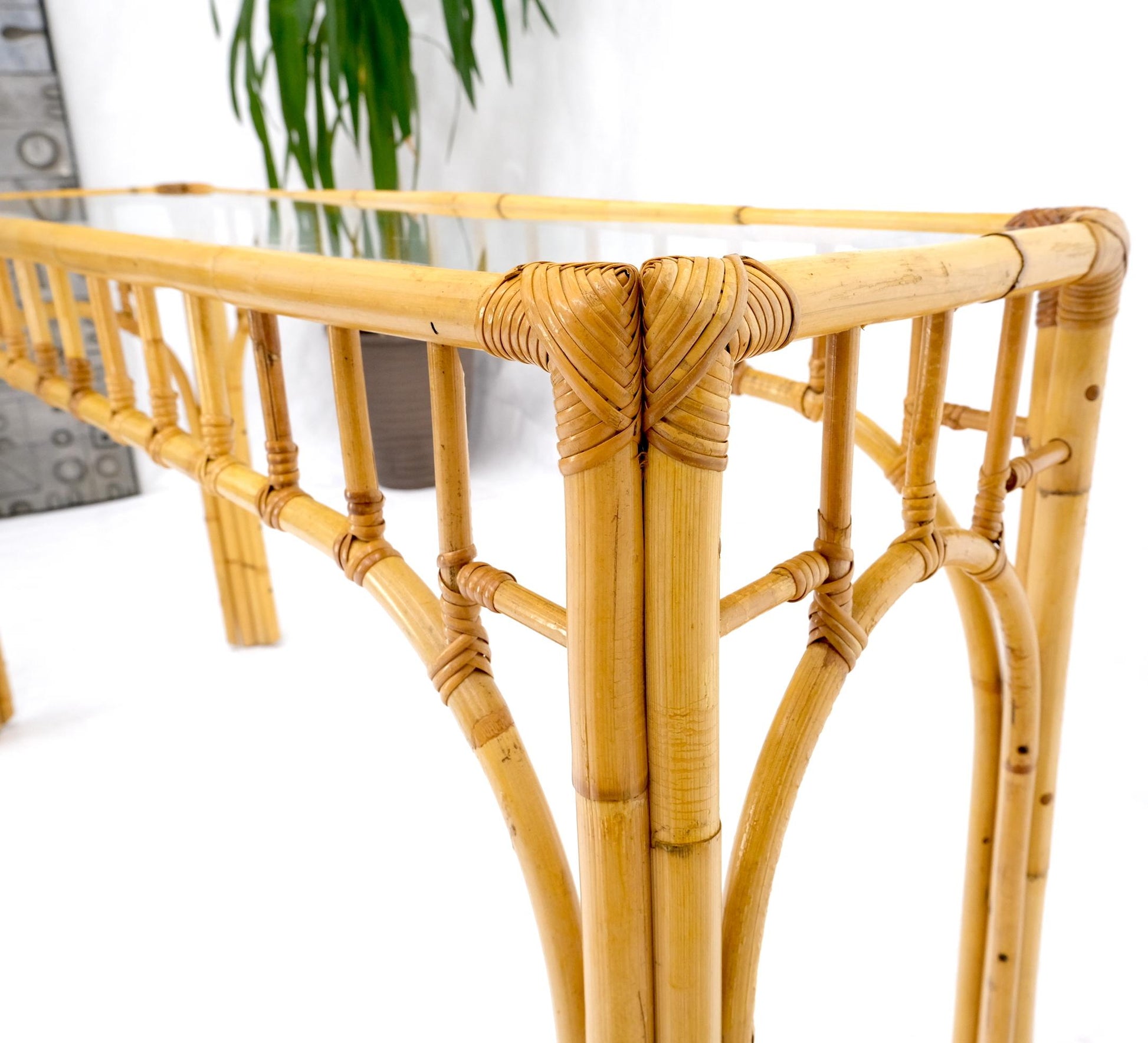 EstablishedLines Bamboo Frame Glass Top Console Table w/ Figurative Brass Supports